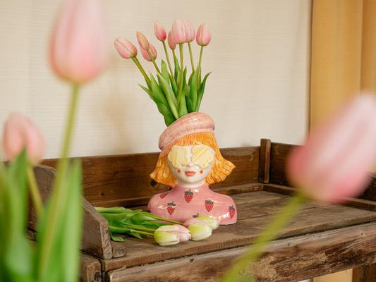 Vase Mädchen Erdbeere - Rosa Steinguttopf - 24 cm hoch