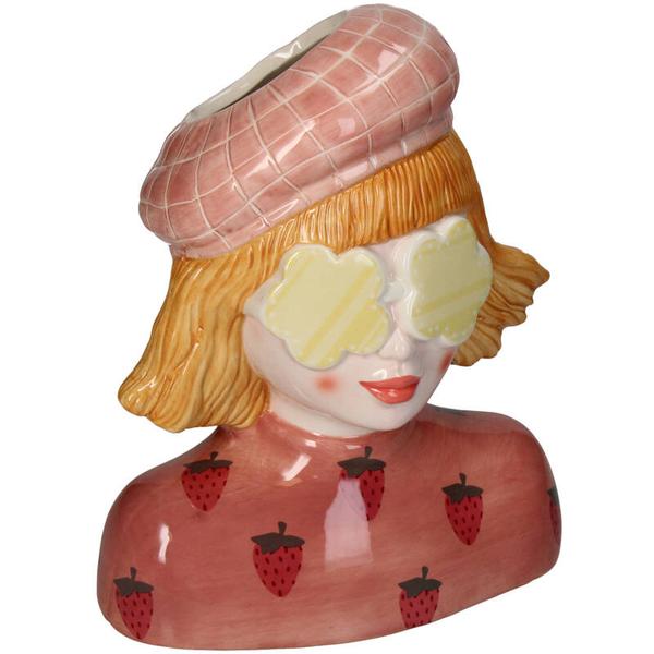 Vase Mädchen Erdbeere - Rosa Steinguttopf - 24 cm hoch